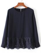 Romwe Navy Contrast Lace Hem Blouse