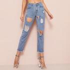 Romwe Bleach Wash Destroyed Ripped Raw Hem Jeans