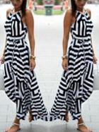 Romwe Black White Mixed Stripe Halter Neck Chiffon Dress
