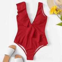 Romwe Ribbed Ruffle Asymmetrical One Piece Swimsuit