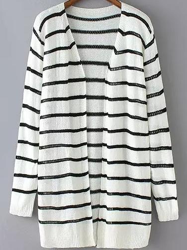 Romwe Striped Open-knit White Cardigan