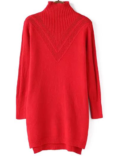 Romwe Polo Neck Dip Hem Eyelet Red Sweater Dress