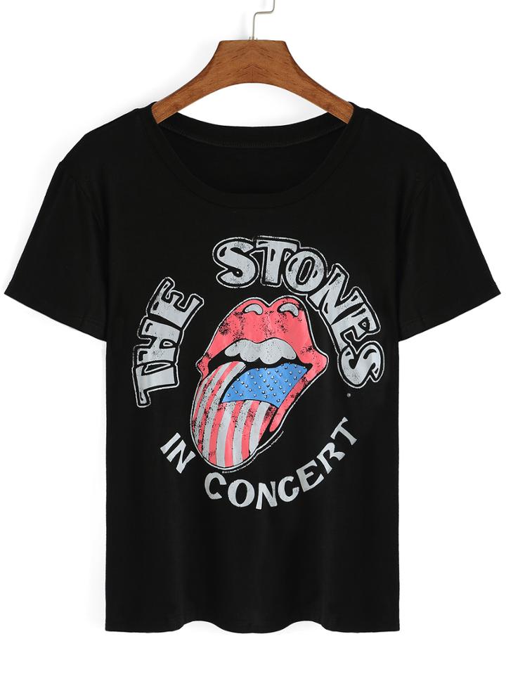 Romwe Round Neck Letter Print T-shirt
