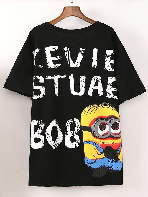 Romwe Black Cartoon Print Boyfrined T-shirt
