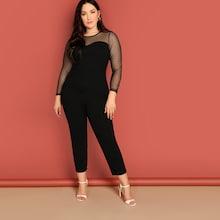 Romwe Plus Mesh Yoke Sweetheart Fitted Jumpsuit