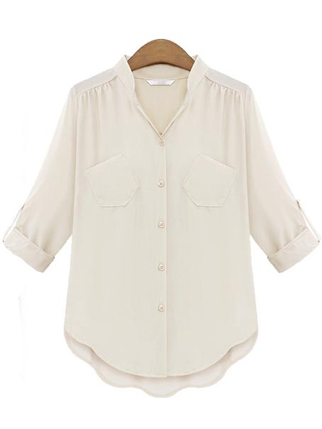 Romwe V Neck Dip Hem With Pocket White Blouse