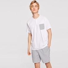 Romwe Guys Plaid Pocket Patched Buttoned Half Placket Top & Shorts Pj Set