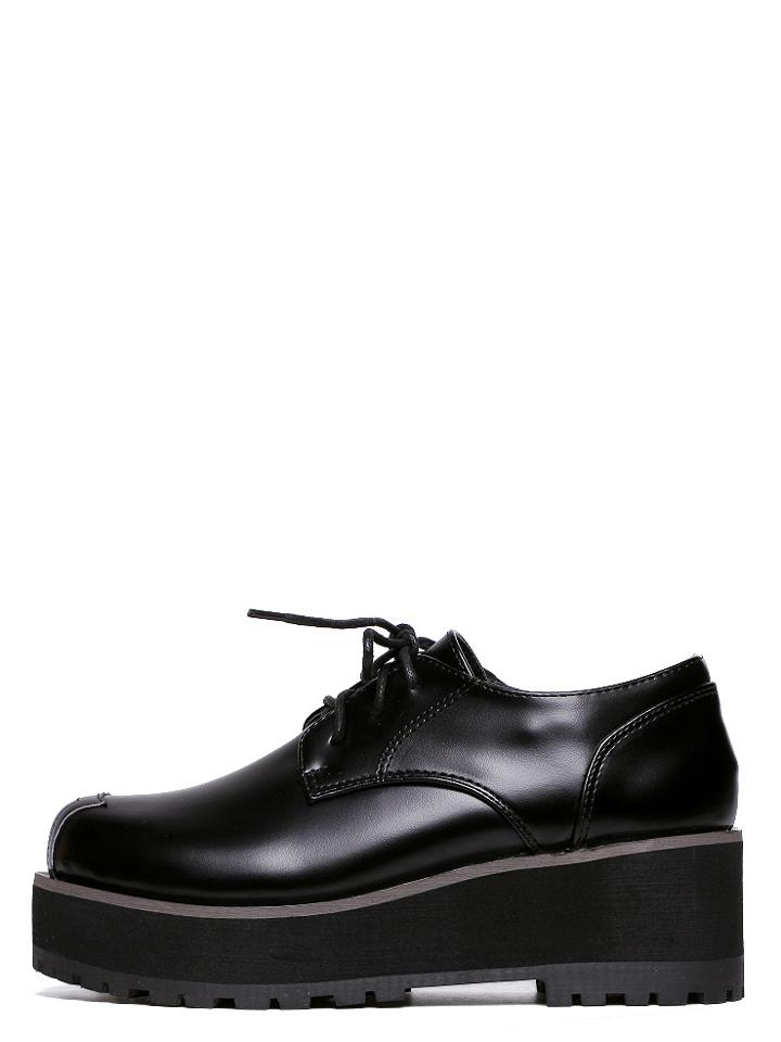 Romwe Black Round Toe Lace-up Platform Wedges