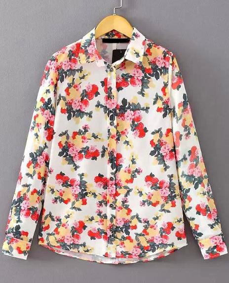 Romwe Multicolor Lapel Rose Print Loose Blouse