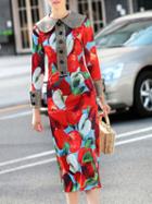 Romwe Red Lapel Apple Print Sheath Dress
