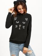 Romwe Black Printed Cat Ear Hoodie With Pocket