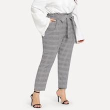 Romwe Plus Tie Waist Glen Plaid Paperbag Waist Pants