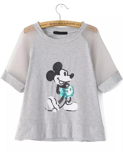 Romwe Contrast Organza Sequined Mickey Pattern Grey T-shirt