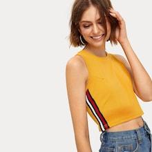 Romwe Striped Tape Panel Ribbed Top