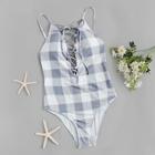 Romwe Random Gingham Lace-up Low Back One Piece Swimwear