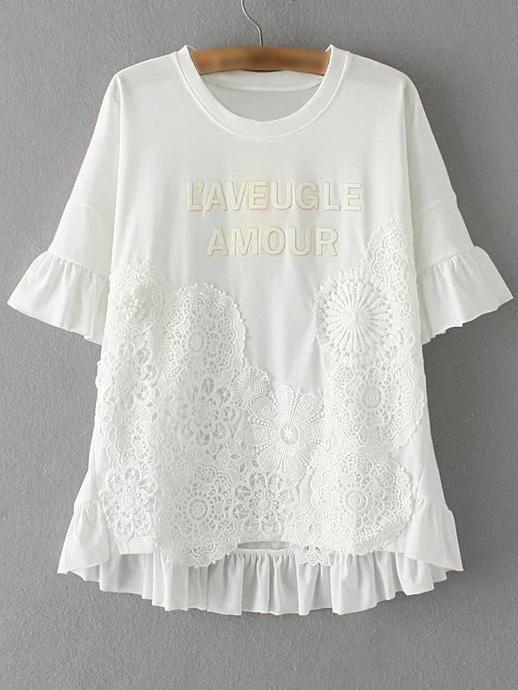 Romwe White Short Sleeve Letters Patch Lace Crochet Blouse