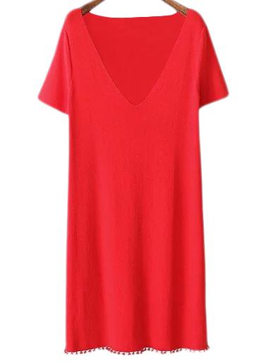 Romwe Red V Neck Pompon Hem Short Sleeve Dress