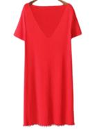 Romwe Red V Neck Pompon Hem Short Sleeve Dress