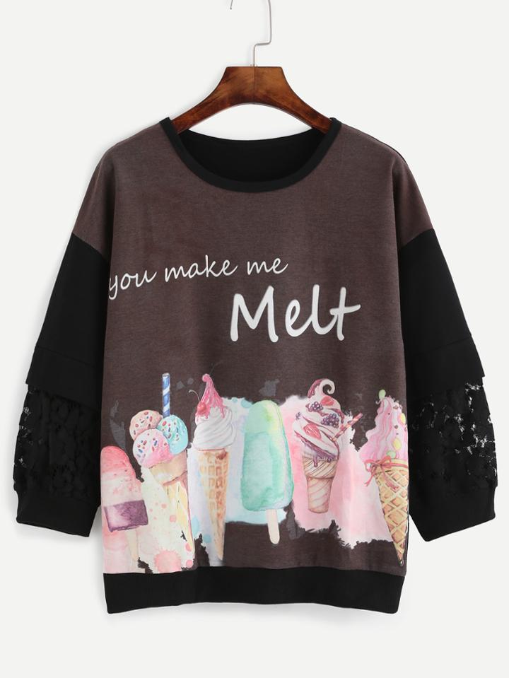 Romwe Brown Ice Cream Print Lace Insert Drop Shoulder Sweatshirt