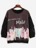 Romwe Brown Ice Cream Print Lace Insert Drop Shoulder Sweatshirt