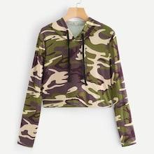 Romwe Camouflage Print Drawstring Hooded Tee