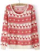 Romwe Deer Print Red Knit Sweater