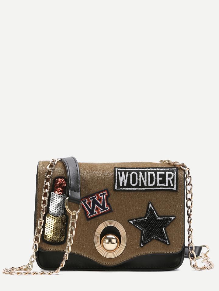 Romwe Light Brown Badge Patch Furry Pu Crossbody Chain Bag