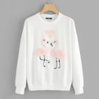 Romwe Flamingo Print With Faux Fur Detail Sweatshirt