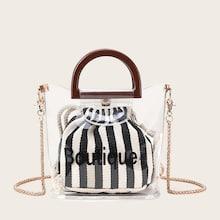 Romwe Letter Print Satchel Bag With Striped Pouch