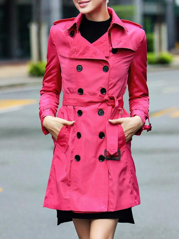Romwe Hot Pink Lapel Belted Pockets Coat
