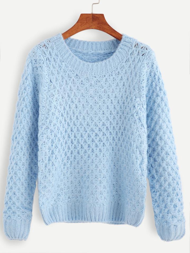 Romwe Blue Round Neck Waffle Knit Sweater
