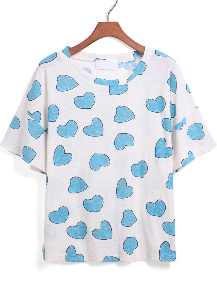 Romwe White Short Sleeve Hearts Print T-shirt