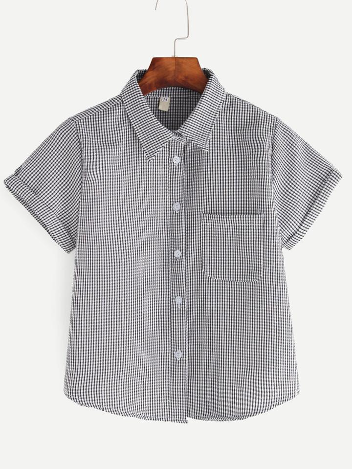 Romwe Black White Plaid Cuffed Sleeve Pocket Blouse