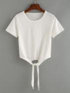 Romwe Tie-front Crop T-shirt - White