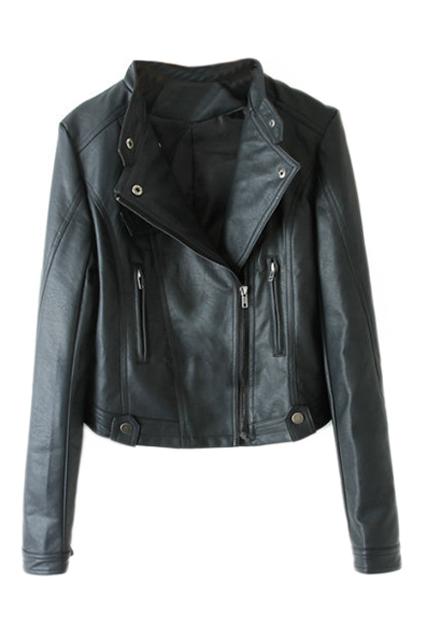 Romwe Lapel Zippered Pu Black Jacket
