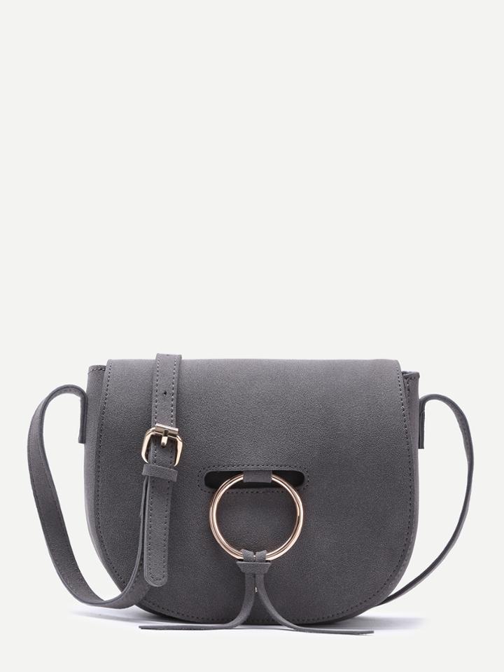 Romwe Grey Nubuck Leather Metal Ring Flap Saddle Bag