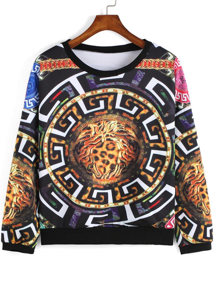 Romwe Round Neck Digital Print Crop Sweatshirt