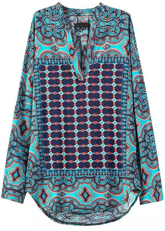 Romwe Blue V Neck Long Sleeve Floral Loose Blouse