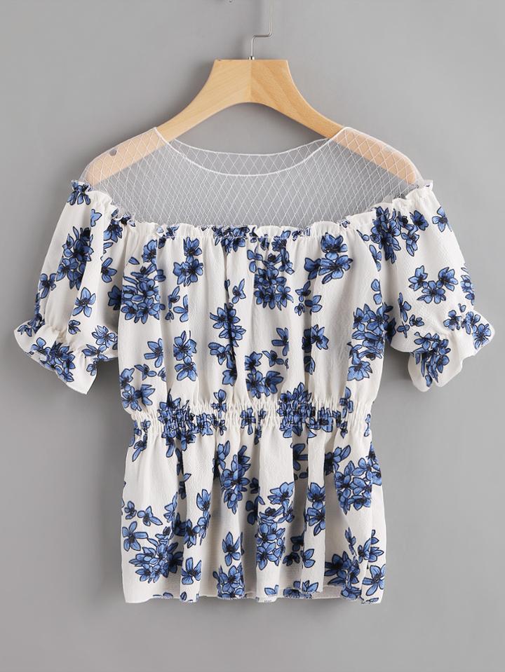 Romwe Ditsy Print Mesh Insert Elastic Waist Blouse