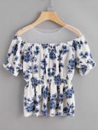 Romwe Ditsy Print Mesh Insert Elastic Waist Blouse
