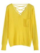 Romwe Yellow V Neck Criss Cross Back Pocket Sweater