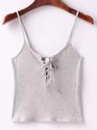Romwe Grey Ribbed Lace Up Cami Top