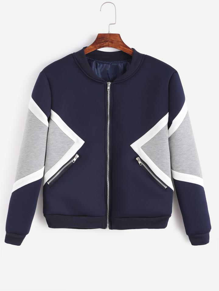 Romwe Color Block Zipper Bomber Jacket