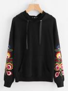 Romwe Flower Embroidered Pocket Front Hoodie