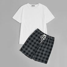 Romwe Guys Solid Tee & Gingham Print Shorts Pj Set