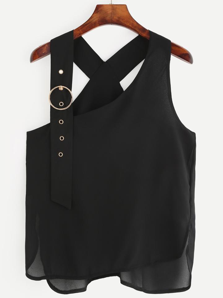 Romwe Black Eyelet Hardware Strap Dip Hem Top