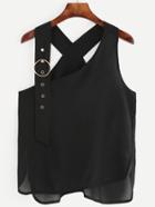 Romwe Black Eyelet Hardware Strap Dip Hem Top