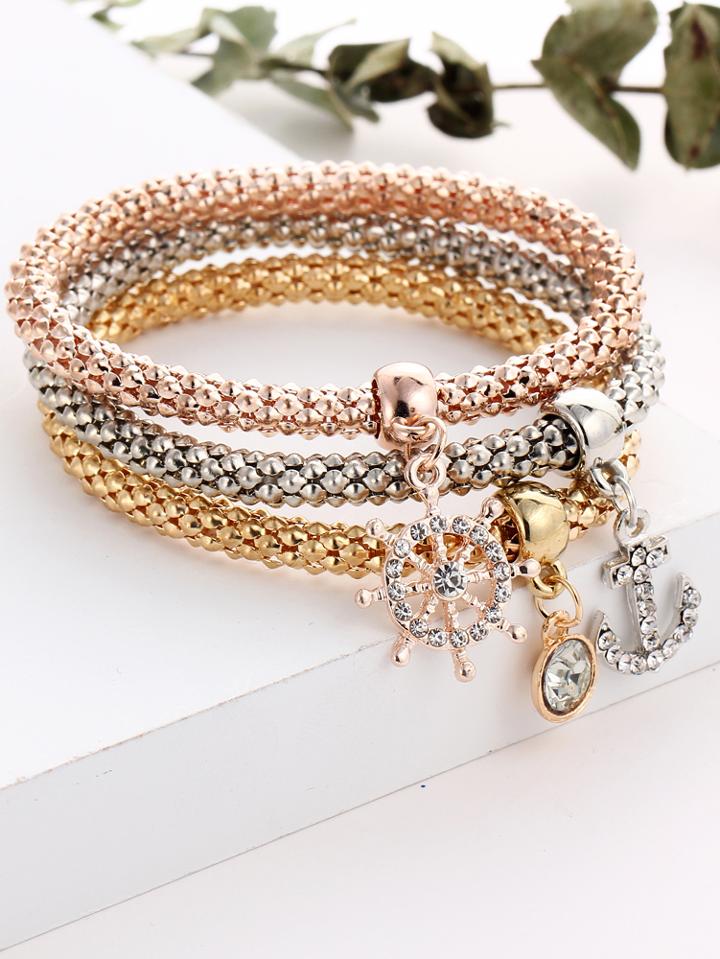 Romwe Anchor And Rhinestone Charm Bracelet Set