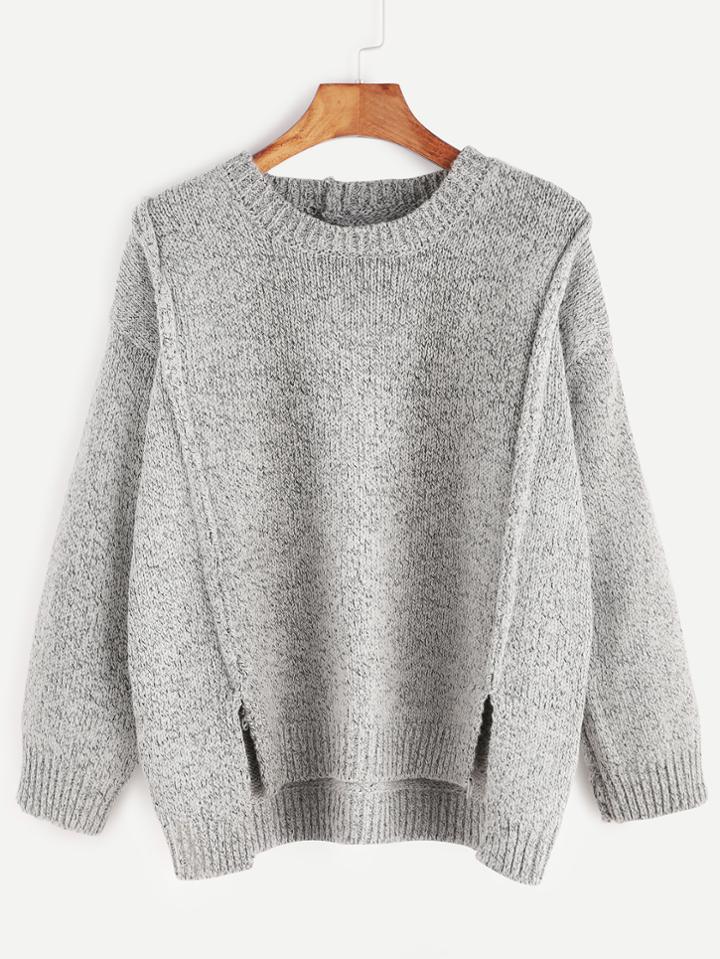 Romwe Grey Dip Hem Split Hem Sweater