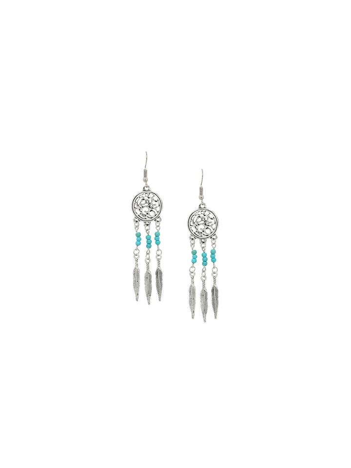 Romwe Blue Hollow Totem Feather Tassel Earrings